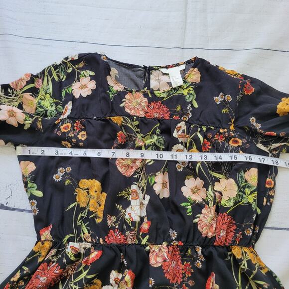 H&M Size 8 Dark Floral Print Long Bell Sleeve Flared Skirt Mini Dress Sheath - Picture 5 of 11